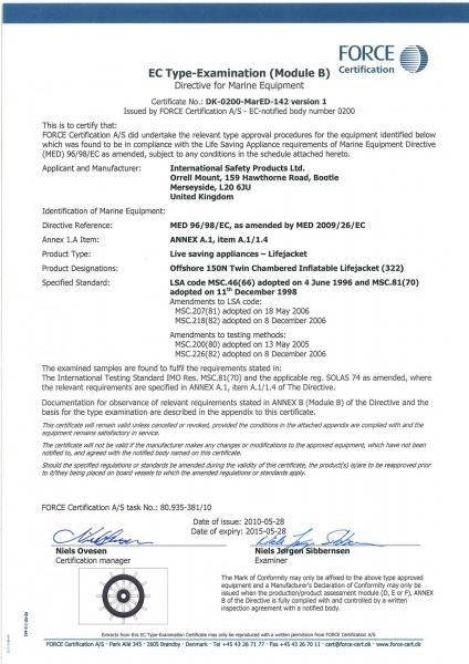 Ec certificate solas lifejackets 150 n